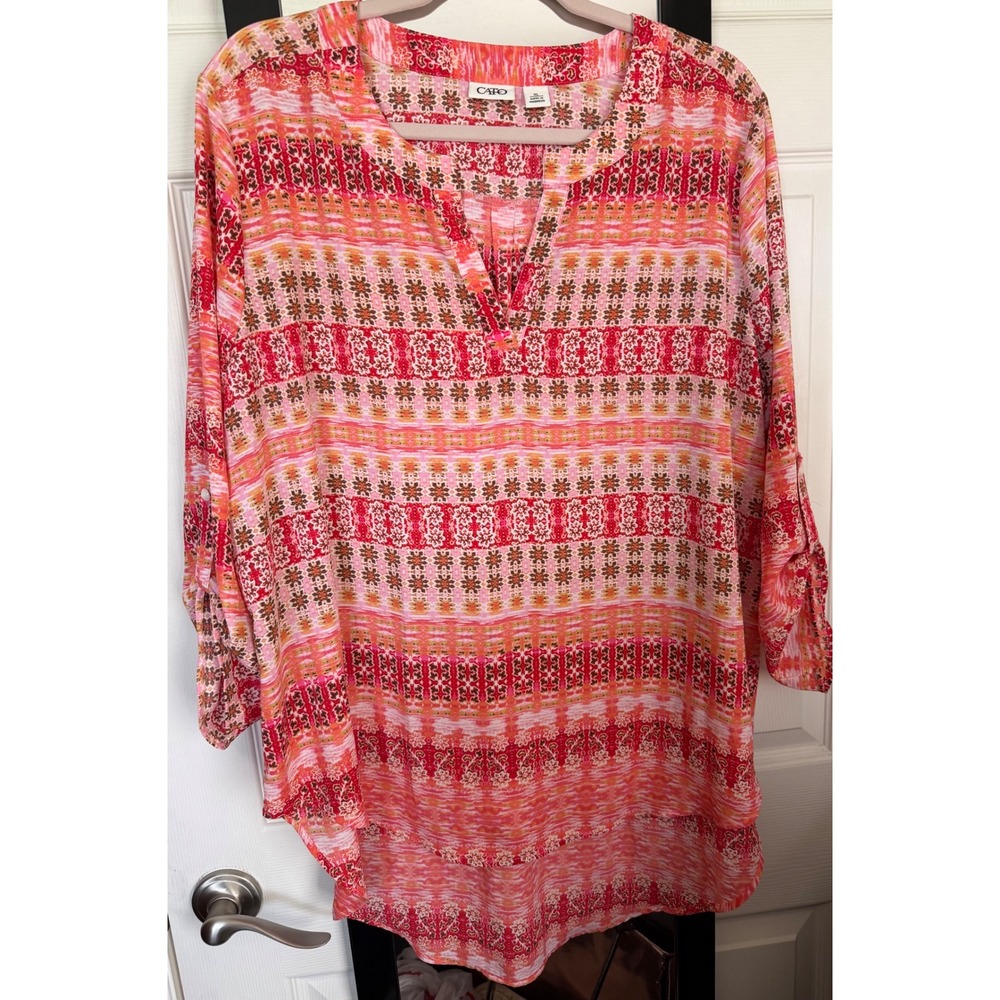 Cato Pink Orange‎ Boho Geometric Tunic Top 3/4 Roll Tab Sleeve XL